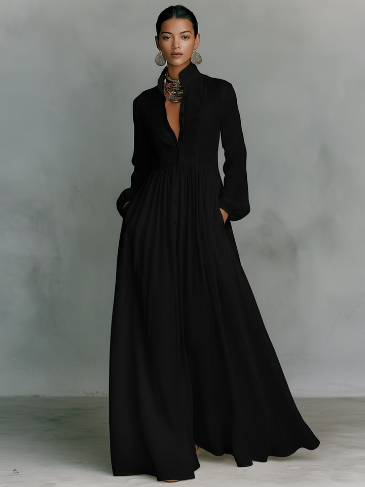 Françoise | Robe Maxi Lin Patchwork Col Montant