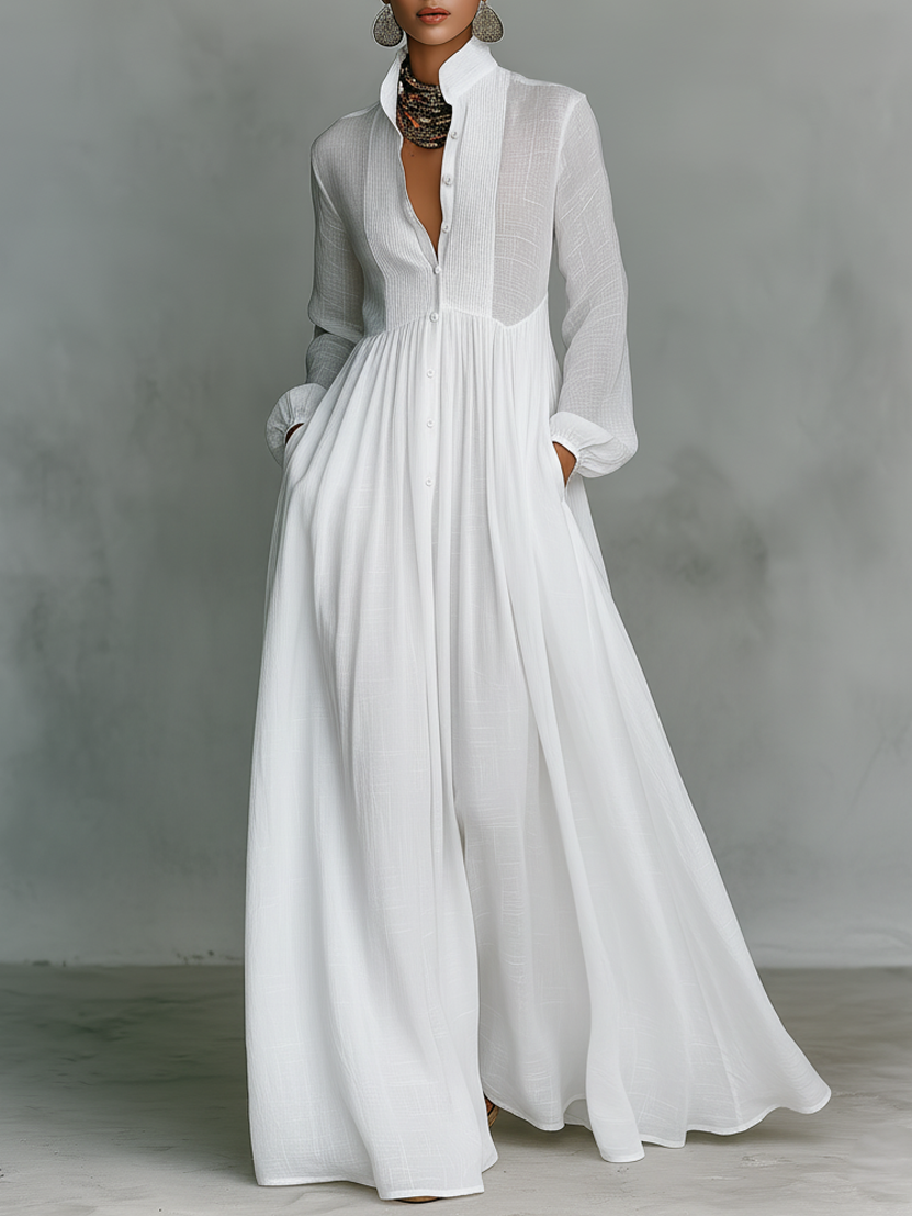 Françoise | Robe Maxi Lin Patchwork Col Montant