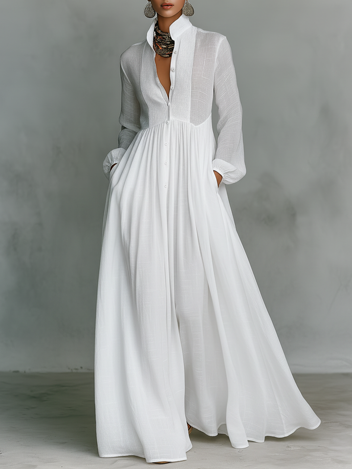 Françoise | Robe Maxi Lin Patchwork Col Montant