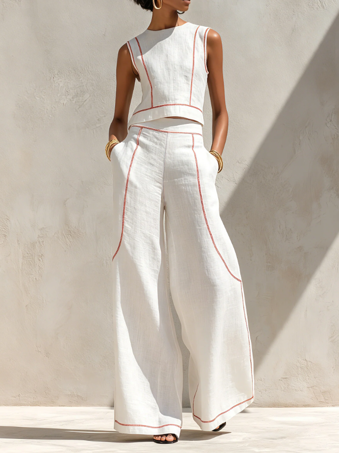 Vera | Ensemble Blanc Top et Pantalon Wide Leg