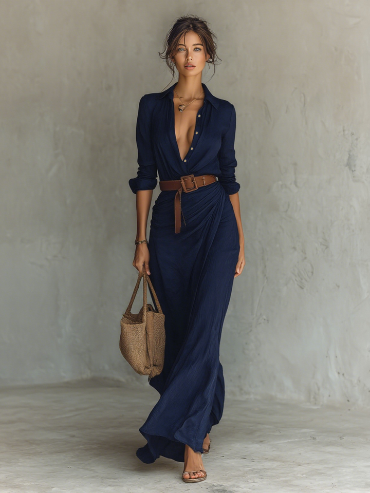 Géraldine | Robe Maxi Col Revers Ceinturée