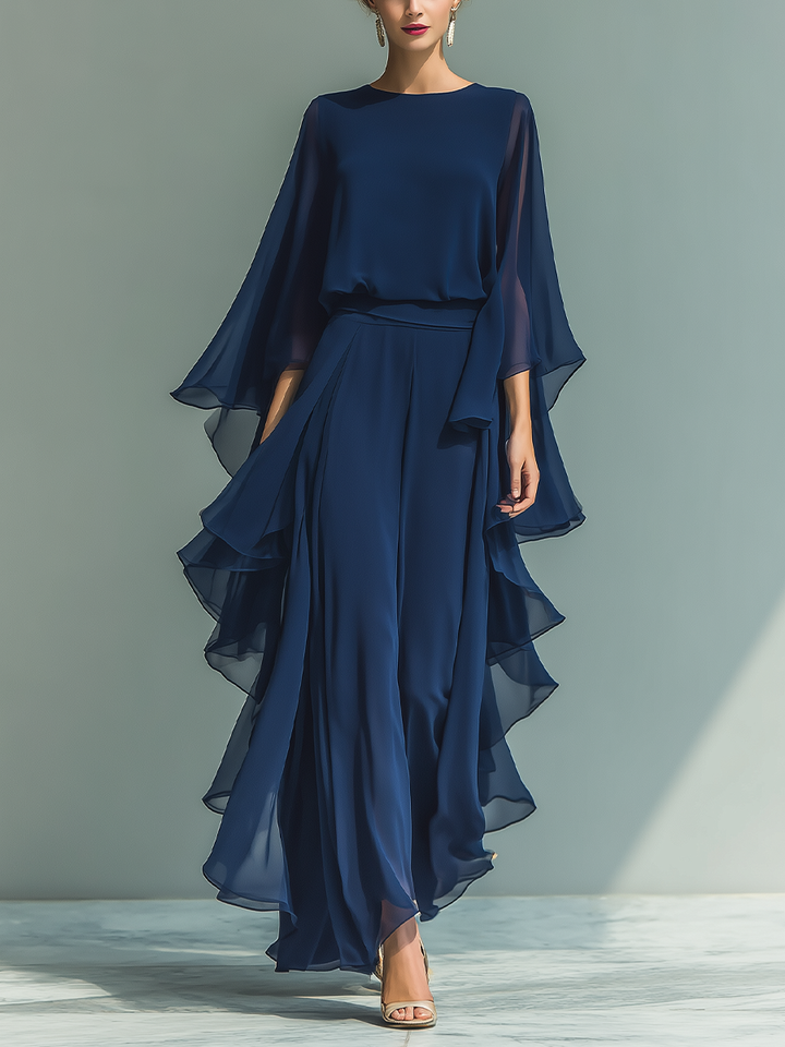 Ghislaine | Ensemble Chiffon Bleu Marine à Volants
