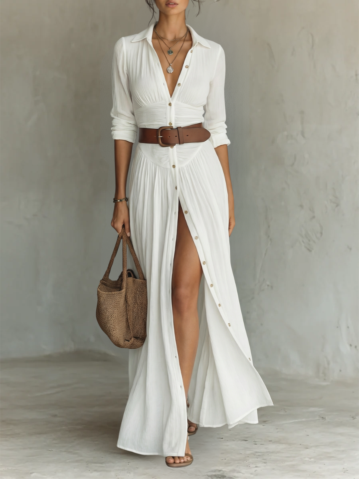 Andrée | Robe Maxi Lin Manches Longues Col Revers