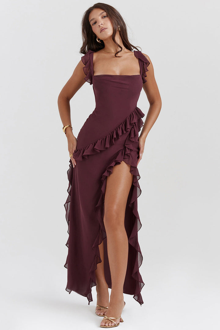 Amira | Robe Longue À Bretelles Prune Foncé