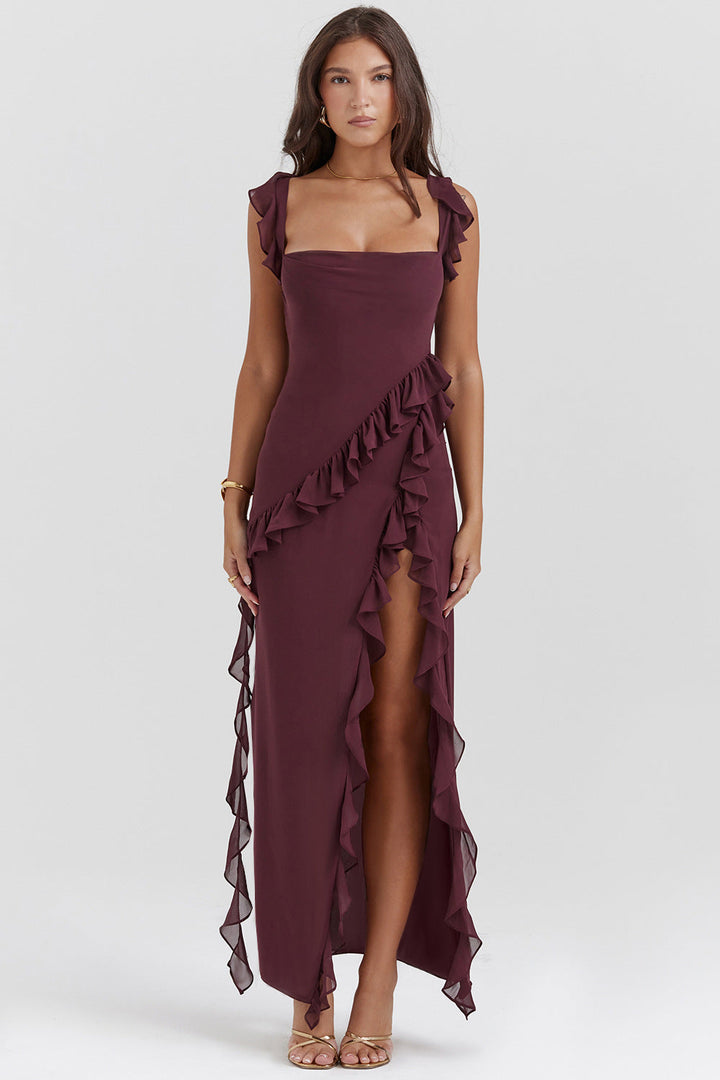 Amira | Robe Longue À Bretelles Prune Foncé