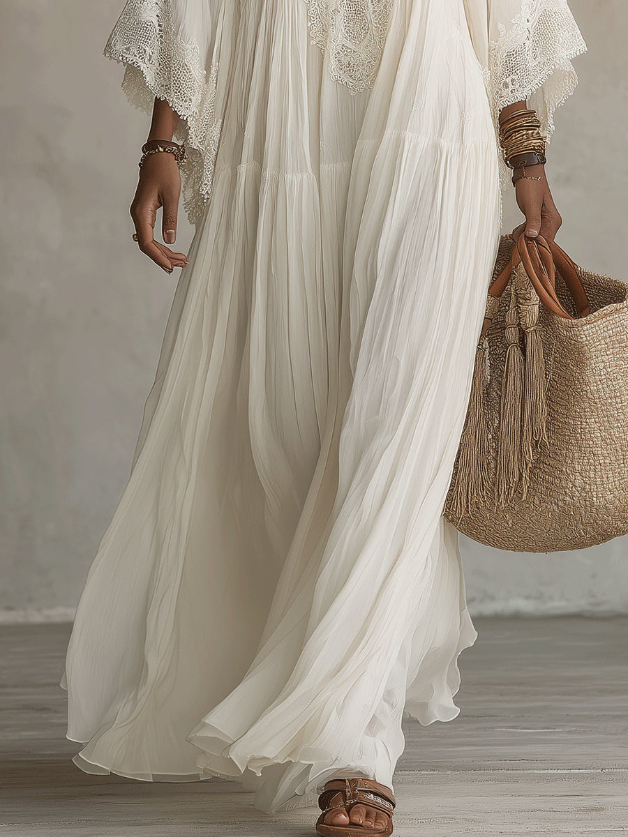 Cécile | Robe Longue Chiffon Ivoire Manches Chauve-Souris