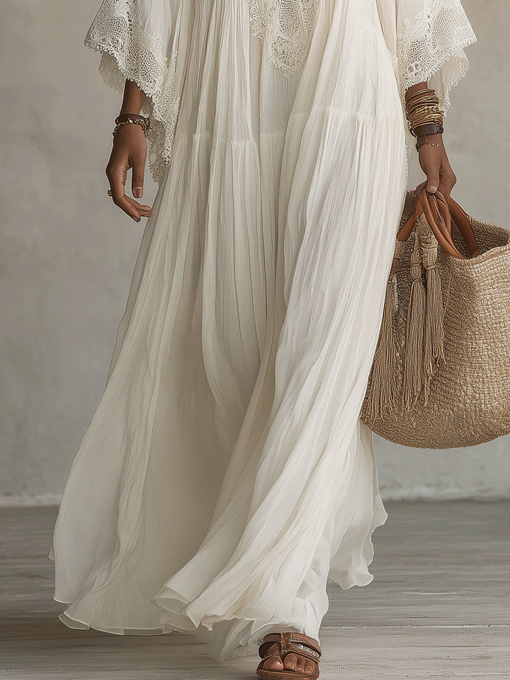 Cécile | Robe Longue Chiffon Ivoire Manches Chauve-Souris
