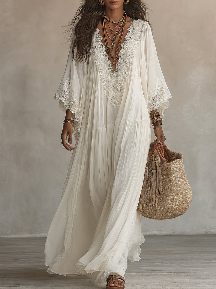 Cécile | Robe Longue Chiffon Ivoire Manches Chauve-Souris