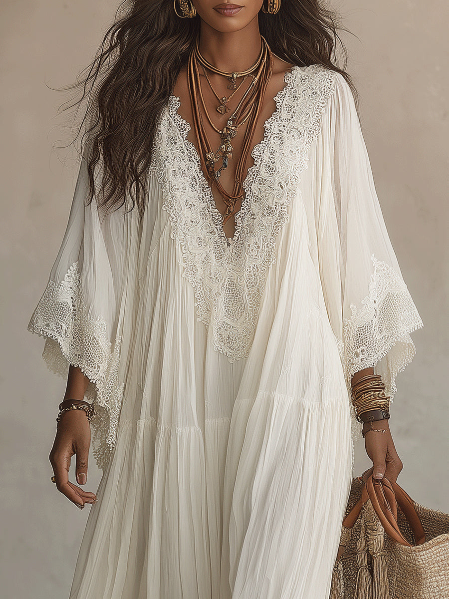 Cécile | Robe Longue Chiffon Ivoire Manches Chauve-Souris
