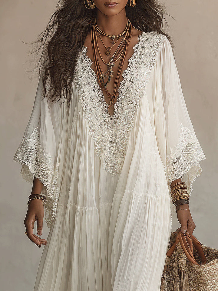 Cécile | Robe Longue Chiffon Ivoire Manches Chauve-Souris