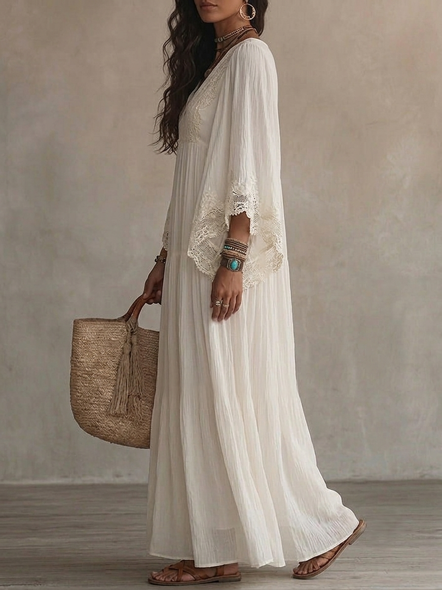 Cécile | Robe Longue Chiffon Ivoire Manches Chauve-Souris