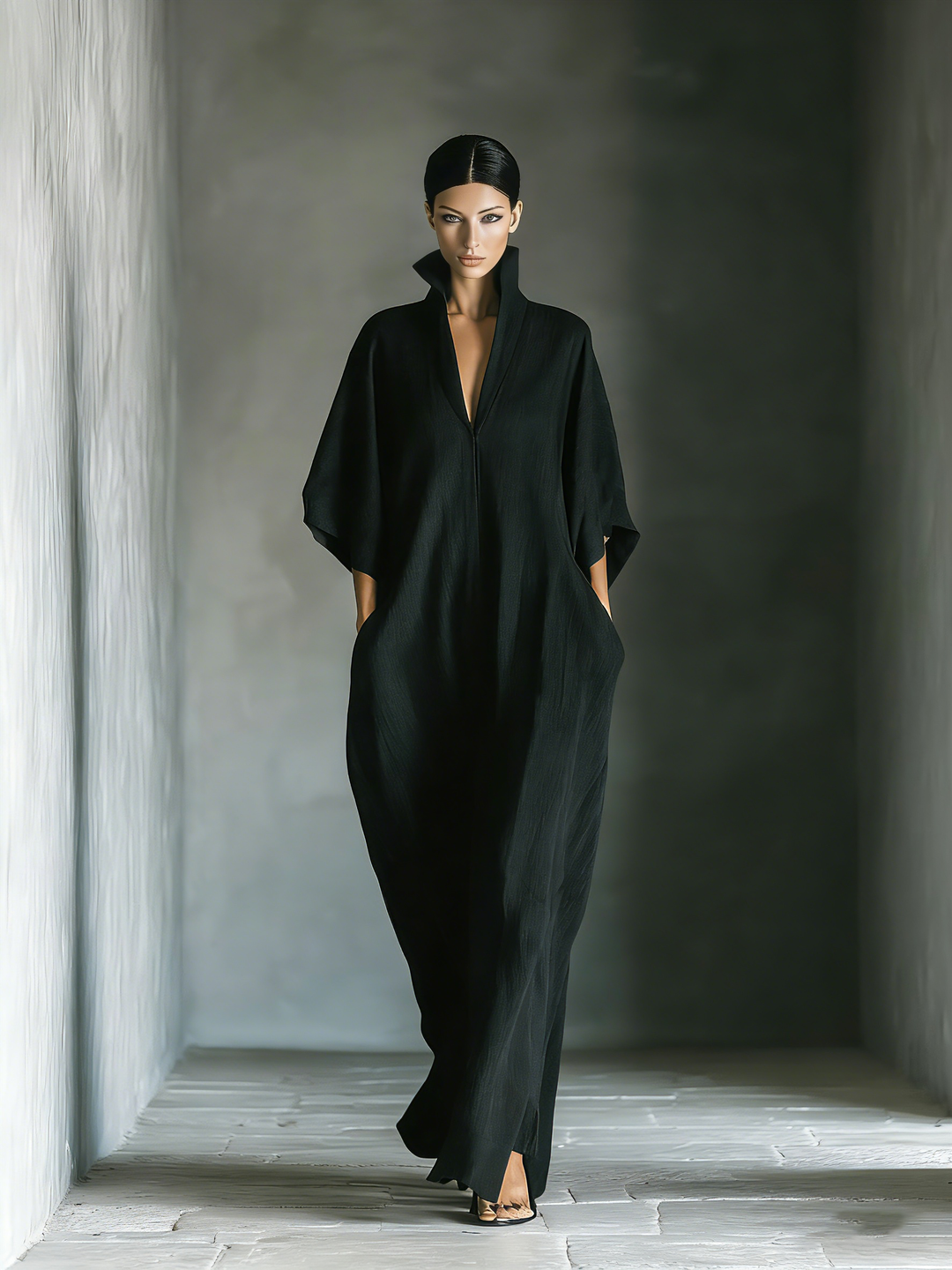 Cathy | Maxi Robe Noire Manches Kimono