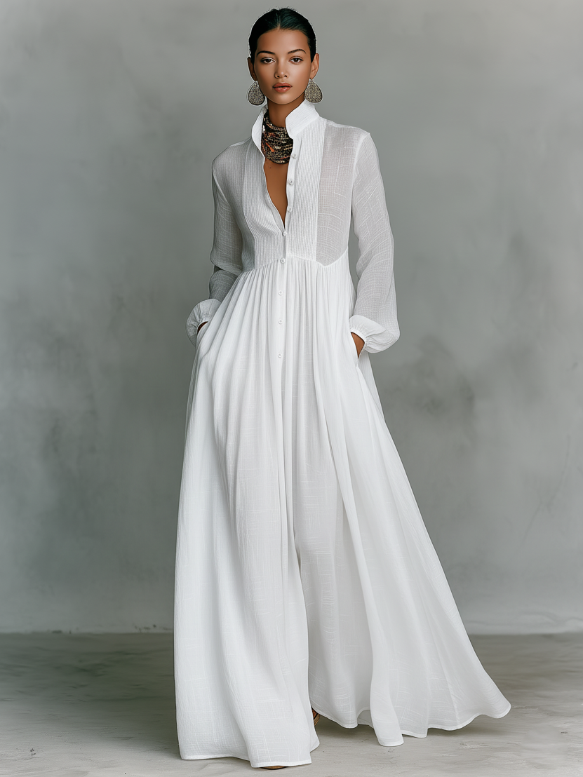 Françoise | Robe Maxi Lin Patchwork Col Montant
