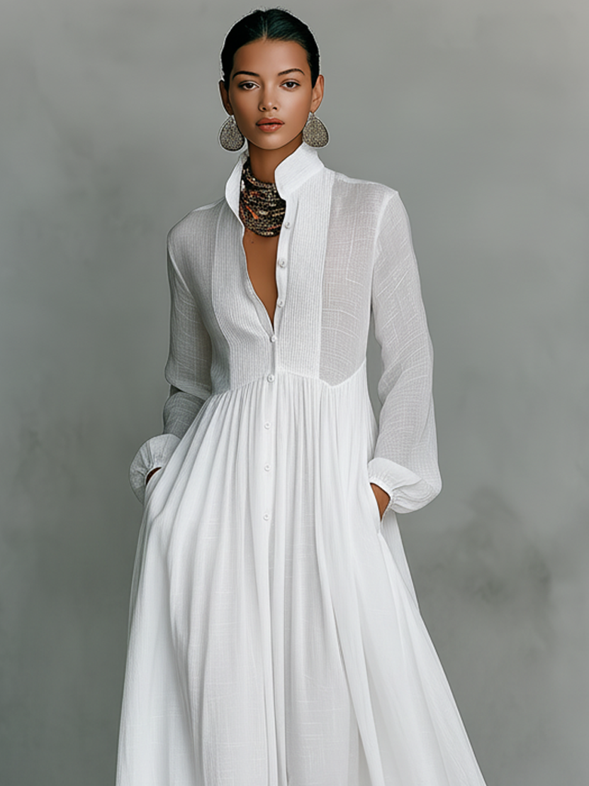Françoise | Robe Maxi Lin Patchwork Col Montant