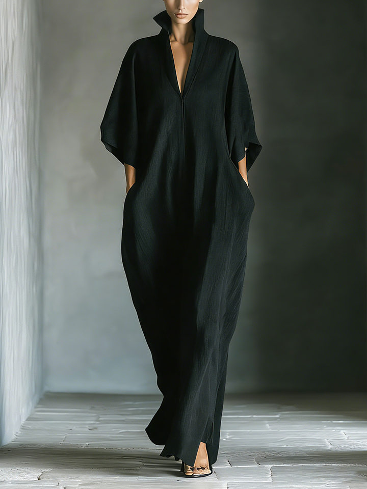 Cathy | Maxi Robe Noire Manches Kimono
