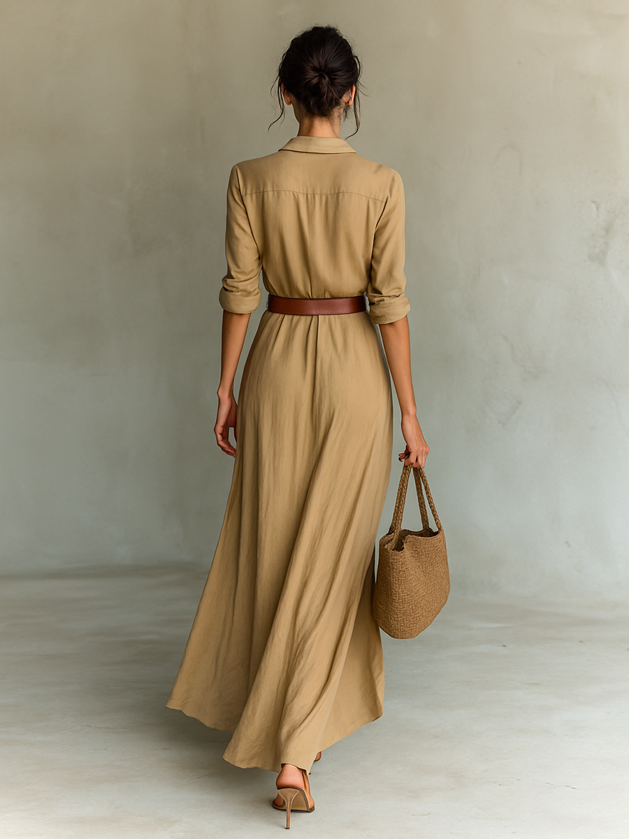 Géraldine | Robe Maxi Col Revers Ceinturée